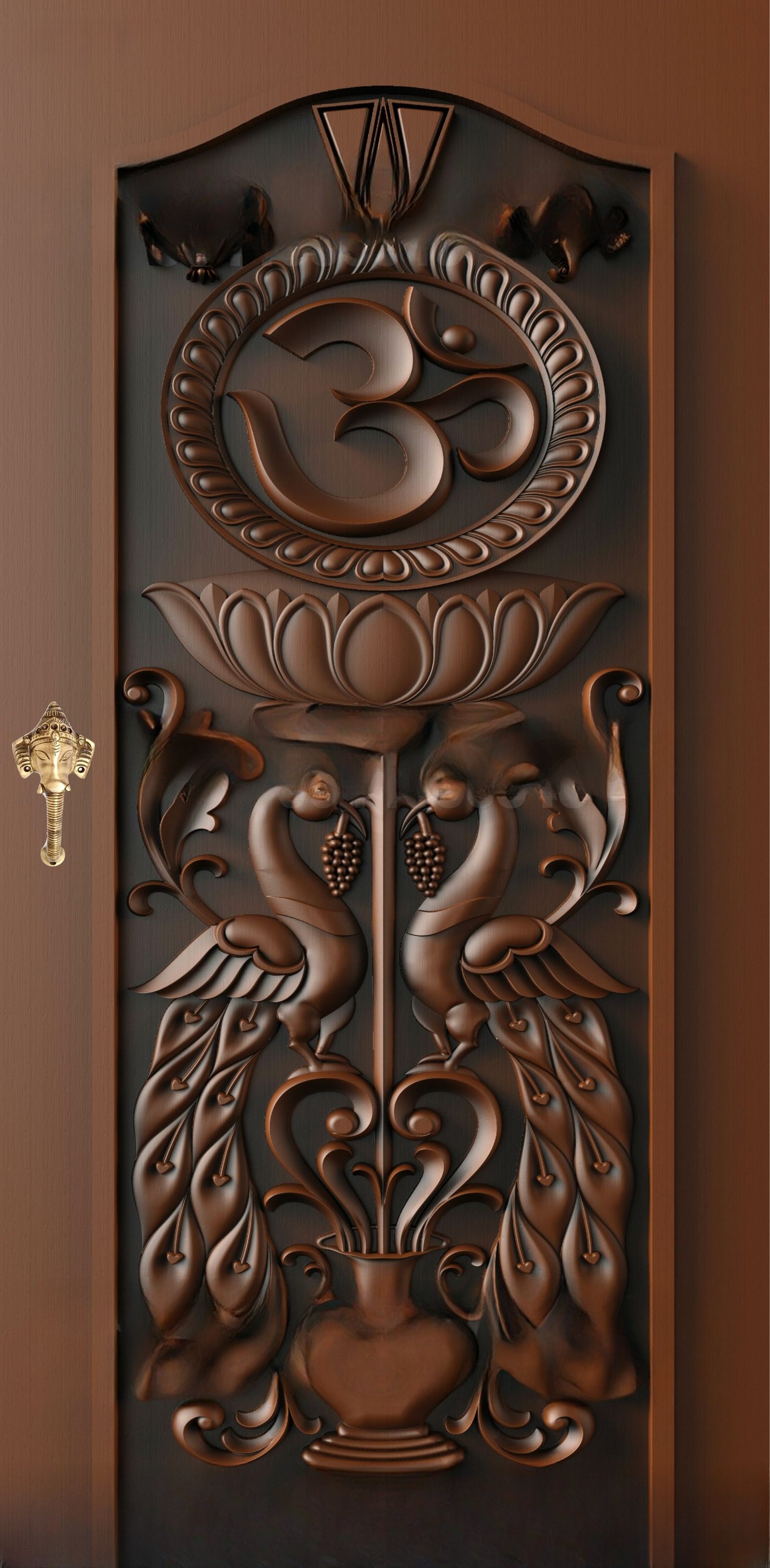 God Doors - GD-29 Om and Peacock Motif Divine Wooden Temple Door 3D Model